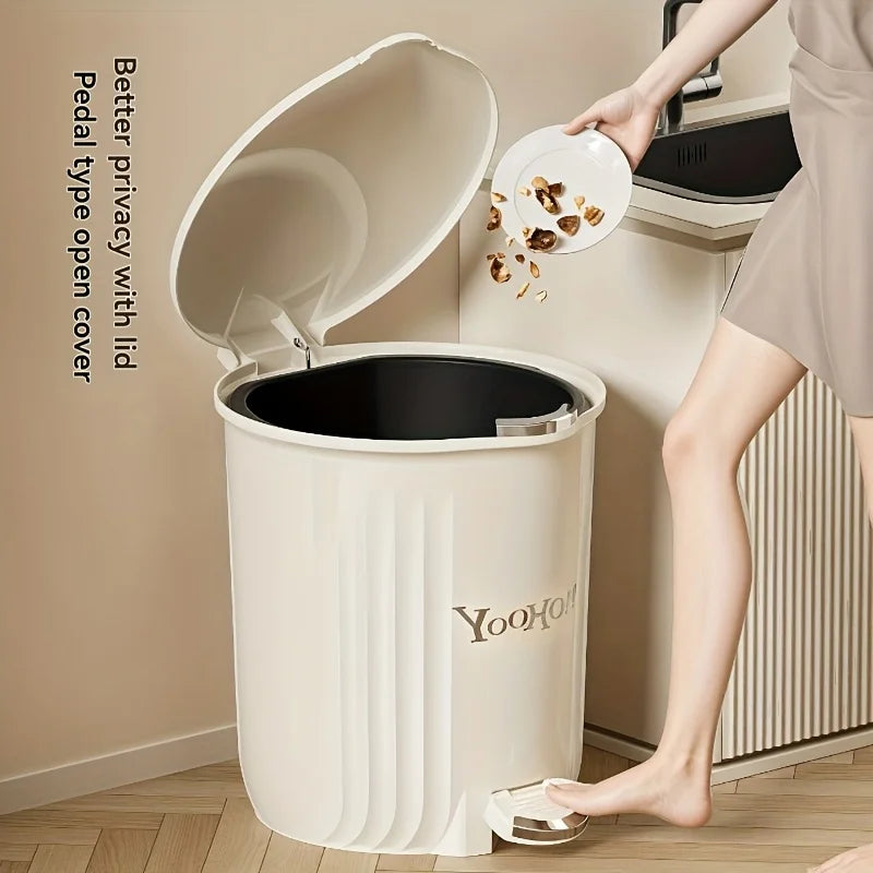 1Pcs Large-Capacity round Foot Pedal Trash Can Lidded Waterproof Waste Bin in Cream & Blue for Office Kitchen Bathroom Oasis Select
