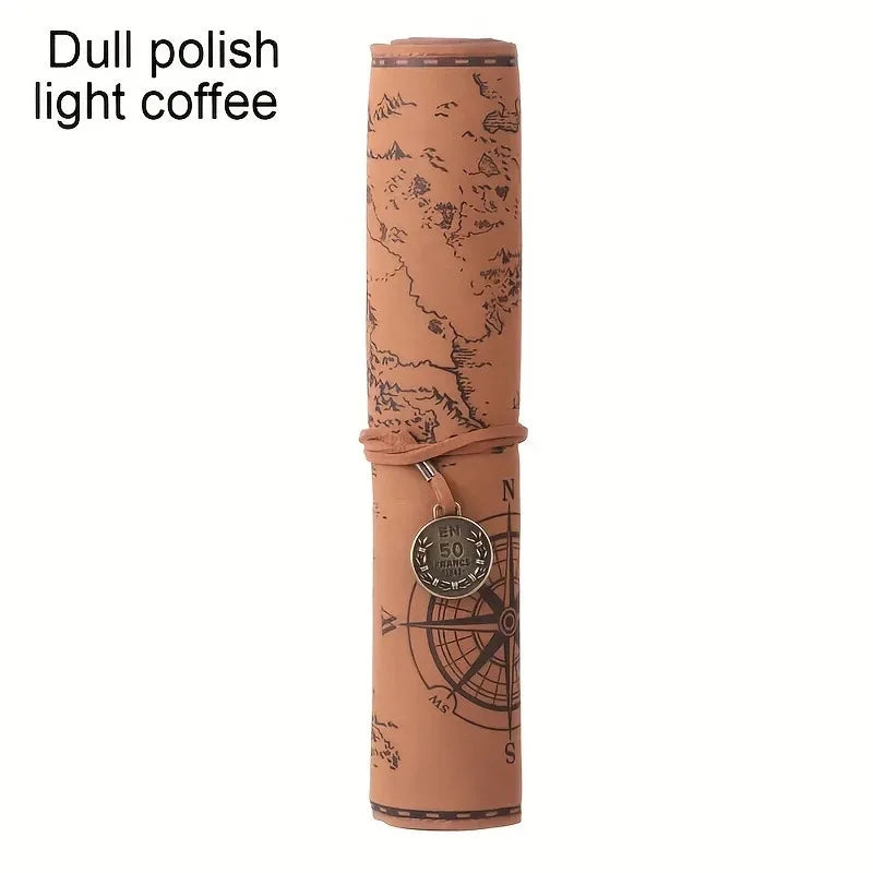 Creative Treasure Map Retro Leather Pencil Case Large Capacity Roll Up Pencil Bag Embossed Buckle Stationery Storage Pouch Oasis Select