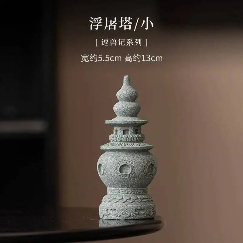 Green Sand Stone Tianshi Zhongkui Tea Pet Ornament Home Indoor Incense Holder Office Desktop Decoration Accessories Oasis Select Pagoda Tower-small