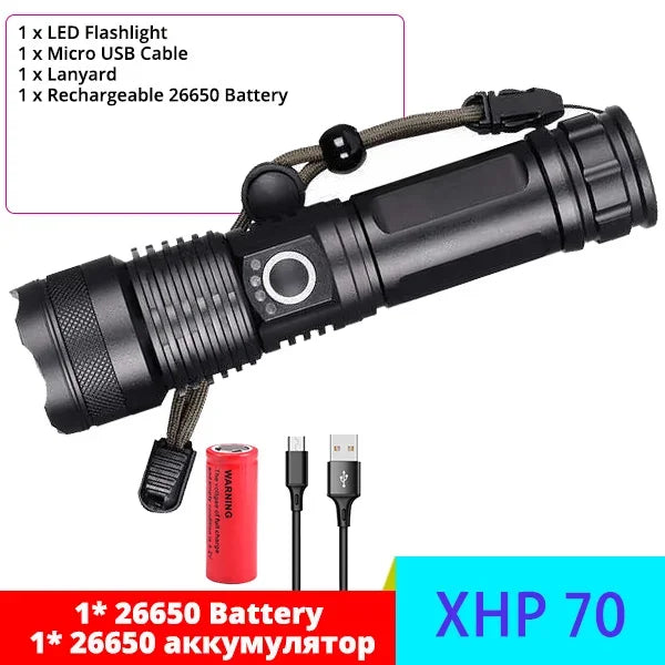 Powerful LED Flashlight XHP120 Rechargeable Portable Tactical Torch Super Bright Camping Outdoor Search and Adventure Flash Lamp Oasis Select X71 XHP70 26650