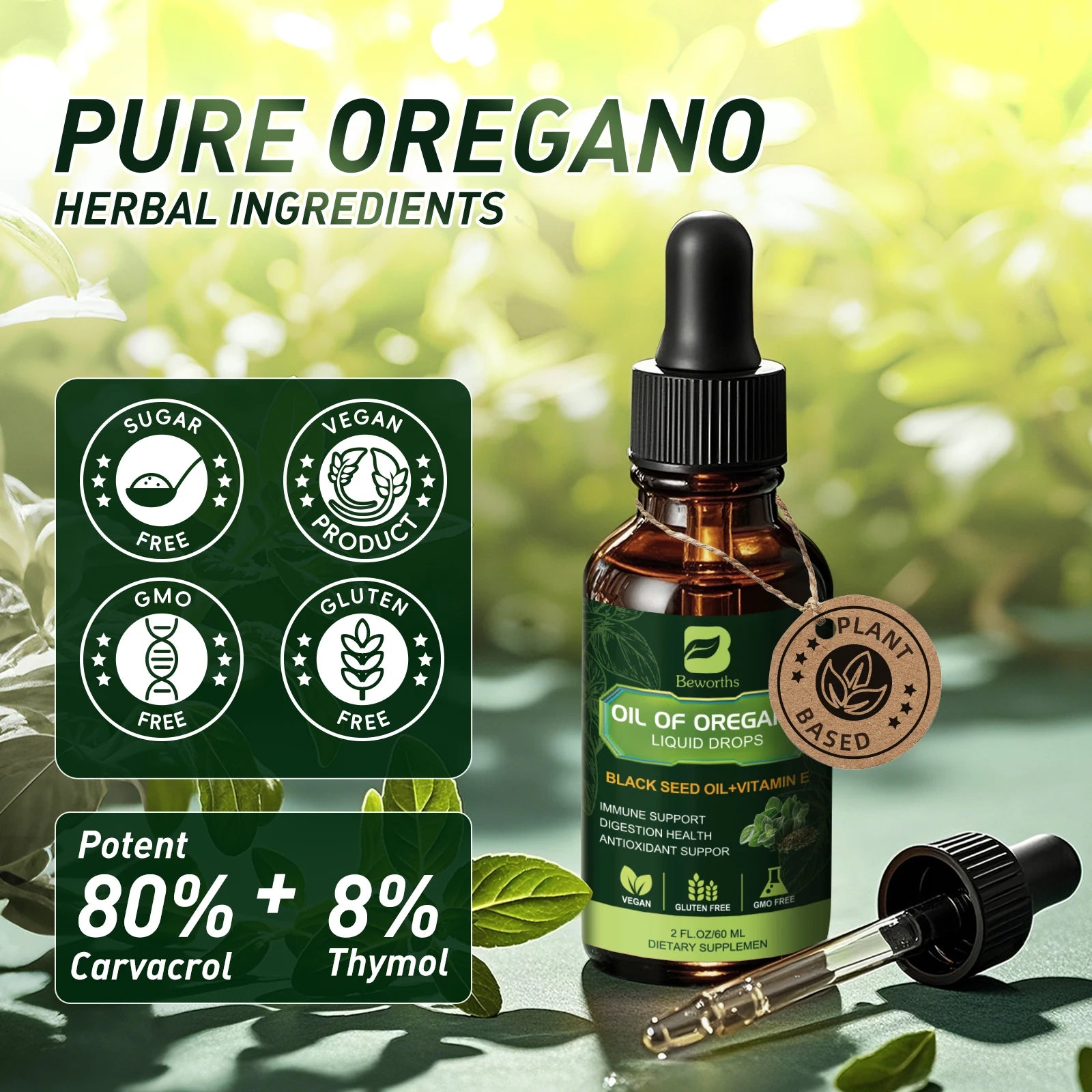 BEWORTHS Oregano Oil Drop with Black Seed Oil, Vitamin E for Immune,Antioxidant,Gut Detox Cleanser Support Non-GMO,Vegan Oasis Select