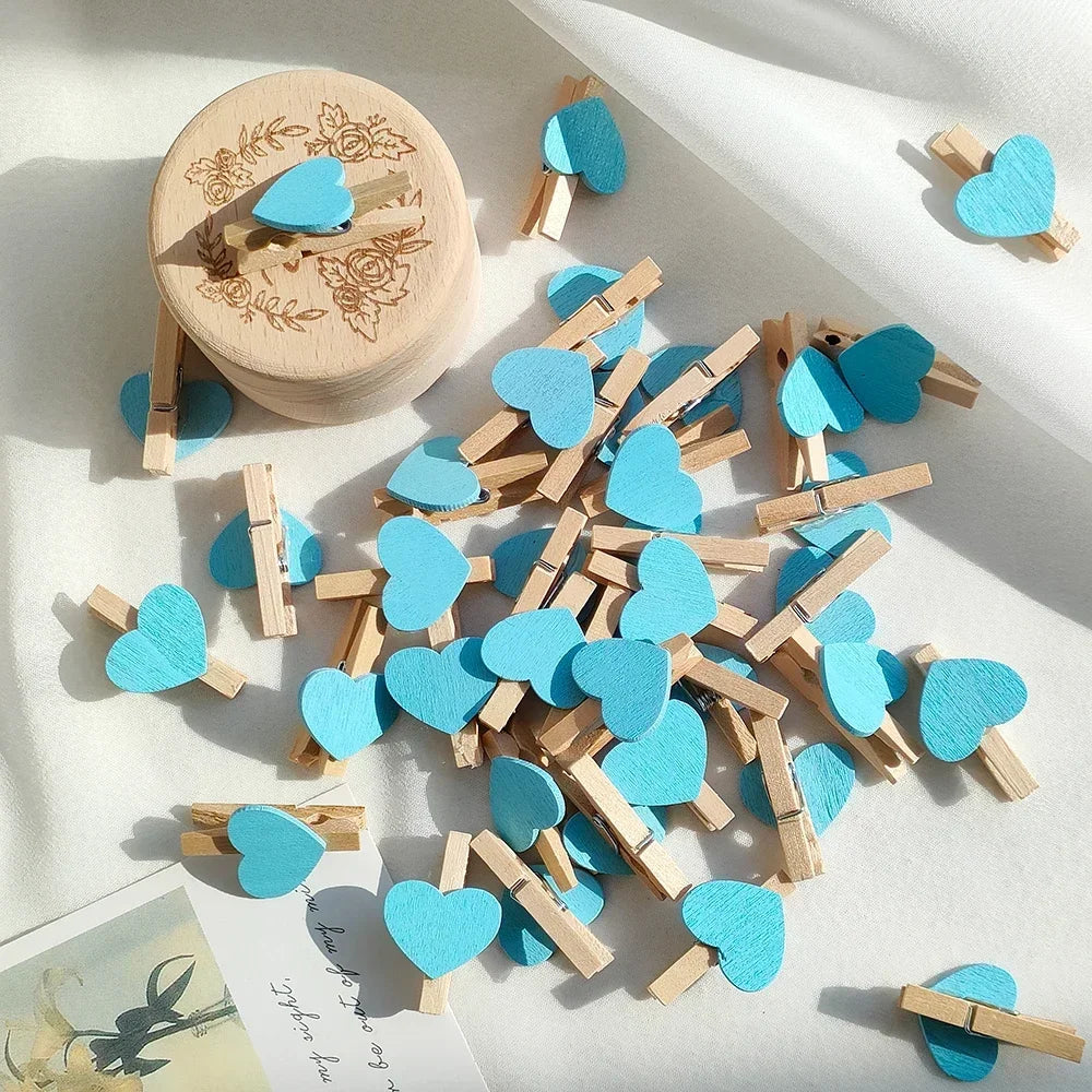 10/50pcs Red Heart Love Wooden Clothes Photo Paper Peg Pin Mini Clothespin Postcard Clips Home Wedding Valentine's Day Decorati Oasis Select Sky blue 50pcs