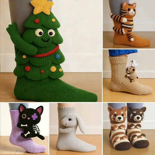 3D Knit Animal Socks Cute Floor Socks Hand Crocheted Double Layer Warm Sock with Cute Rabbit Panda Animals Christmas Gifts Oasis Select