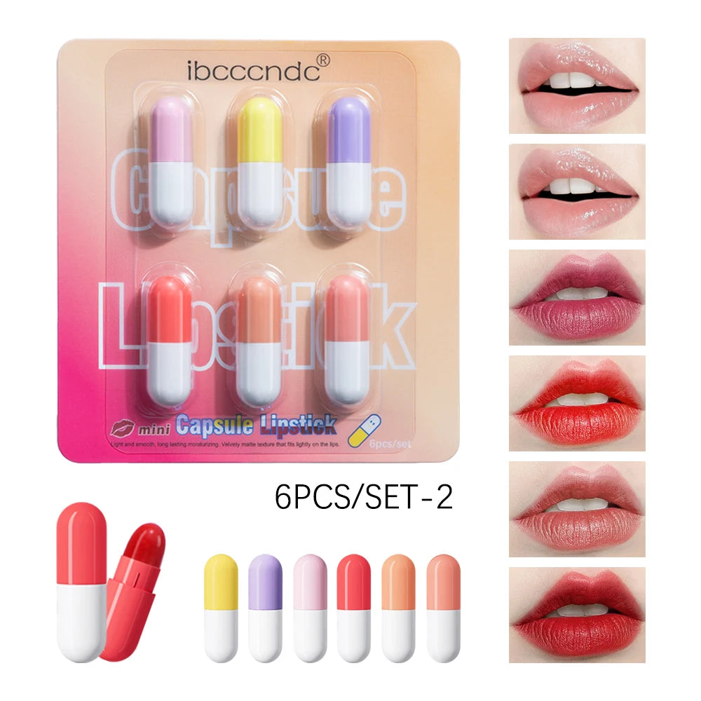 6pcs/set Mini Cute Capsule Lipstick Set with Lip Balm Moisturizing Waterproof Non-stick Cup Carry Pill Lipstick Lips Makeup Gift Oasis Select