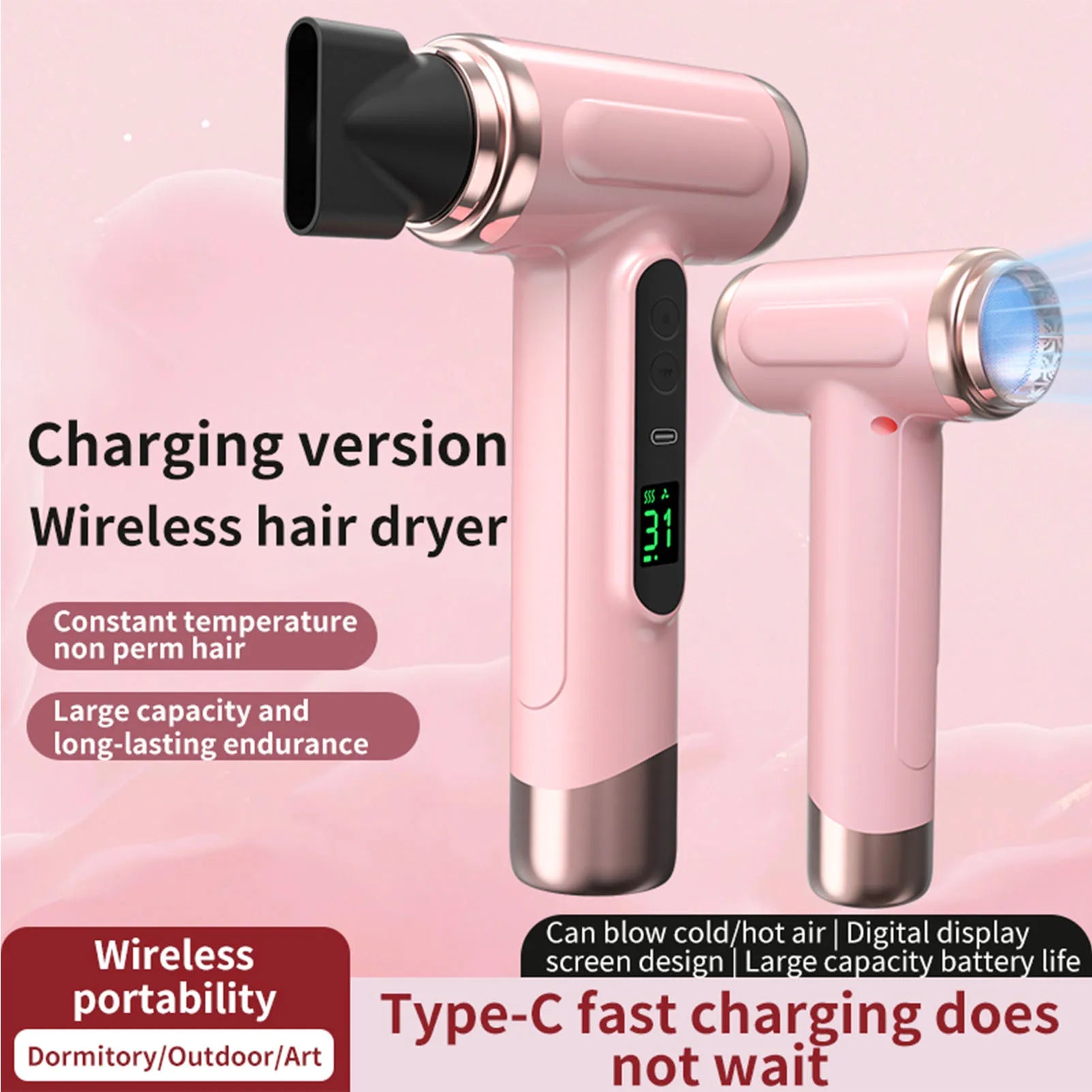 URGGU Cordless Hair Dryer 15000mAh USB 200W Travel Portable