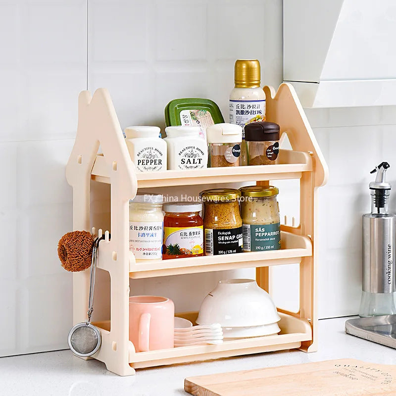 Small House Style 2/3 Layer Kitchen Spice Rack Organizer Plastic Condiment Bottle Shelf for Counter/Bathroom/Desktop Oasis Select