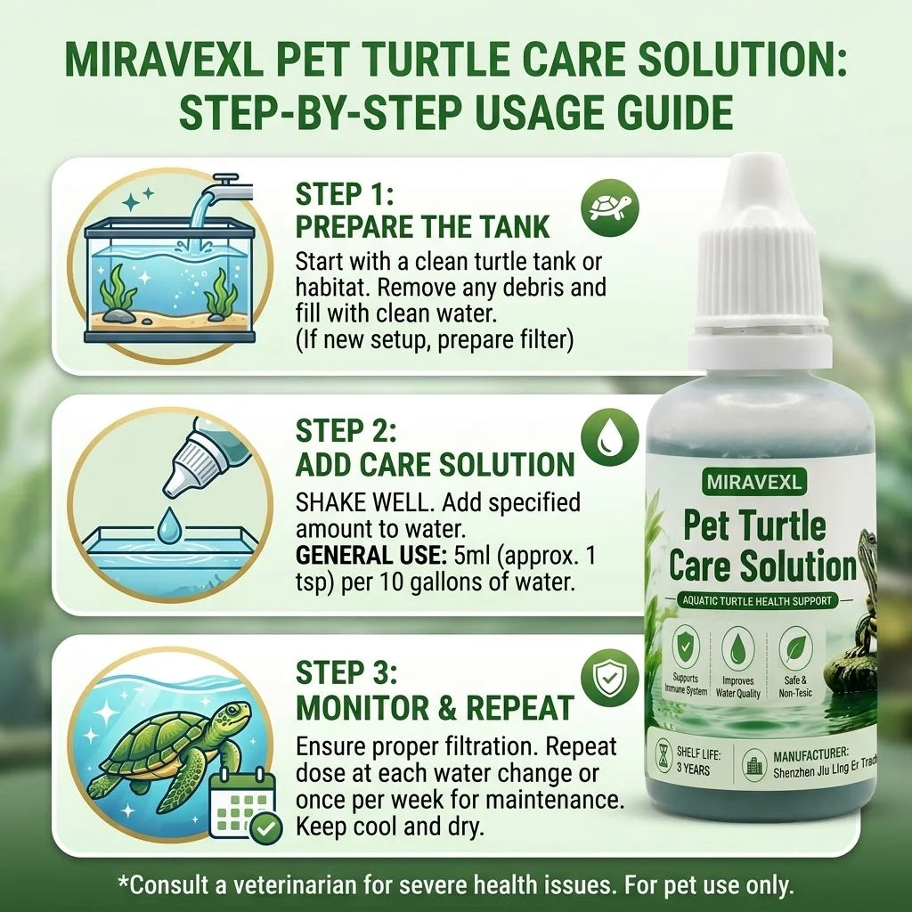 MIRAVEXL Pet Turtle Care Solution Aquarium Water Conditioner Aquatic Turtle Health SupportImproves Water Quality Safe Non Toxic Oasis Select