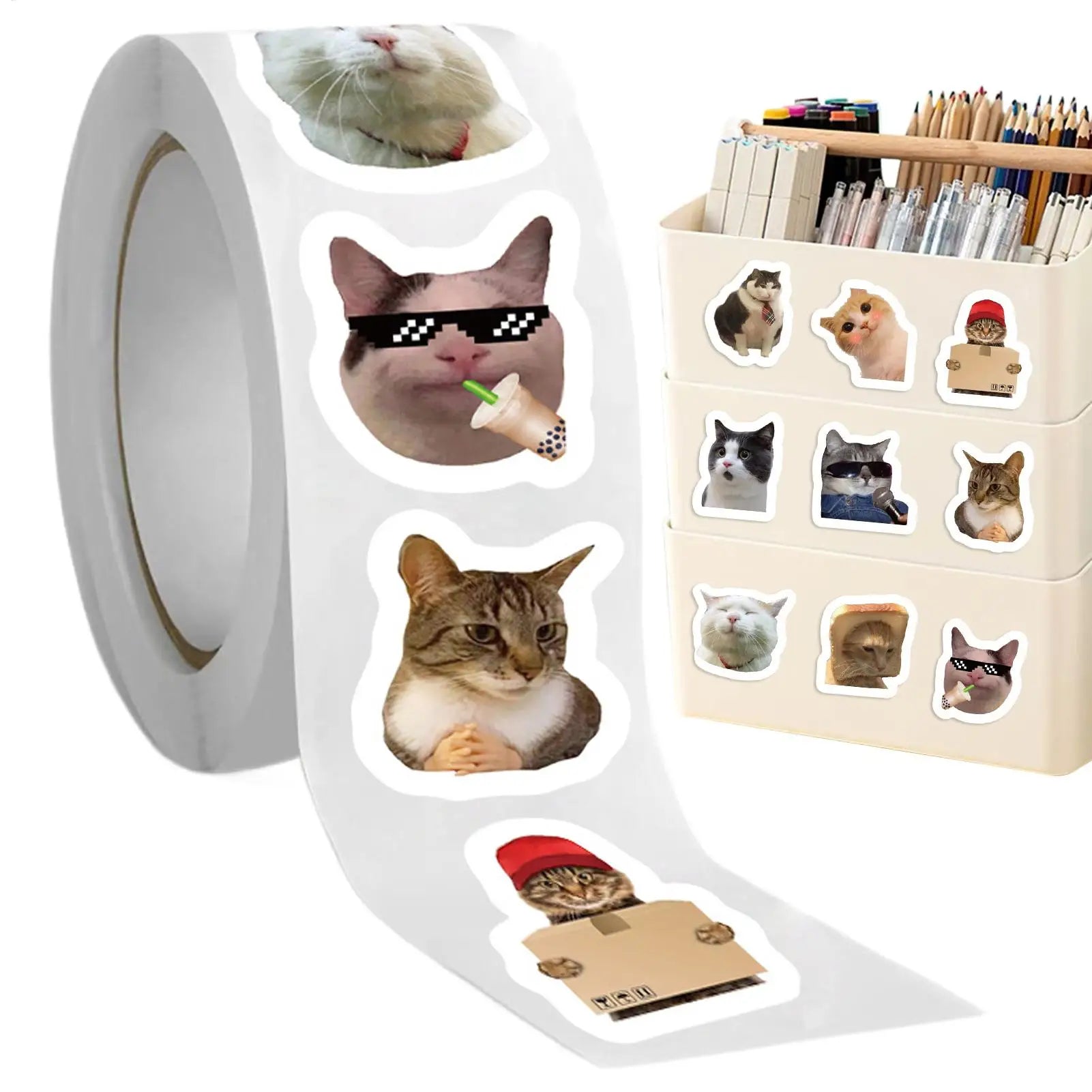 Cat Meme Stickers 500 Pieces Cute Waterproof Sticker Roll Decals Toys for Laptop Bottle Bracelet Table Home School Kids Youth Oasis Select