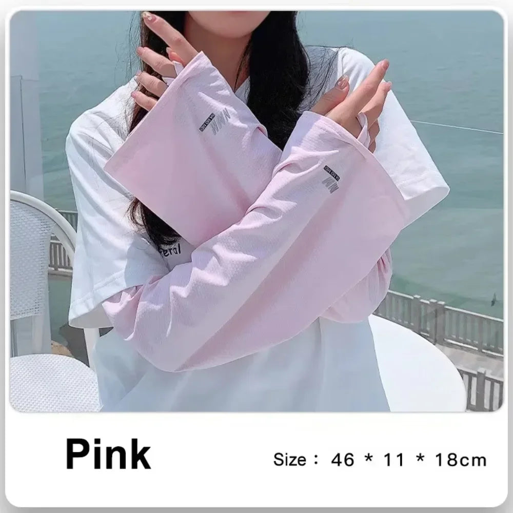 1 Pair Lightweight Sun Protection Arm Covers Loose Fit Cool Ice Silk Arm Guard Cuff Polyester Solid Color Ice Sleeve Oasis Select Pink
