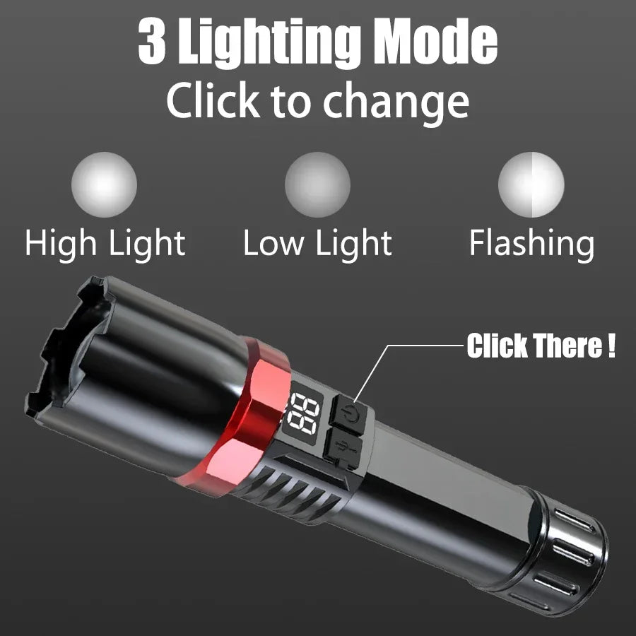 High Power LED Flashlight Powerful USB C Rechargeable Tactical Zoom Flashlight with 3 Gear Outdoor Camping Hiking Fishing Torch Oasis Select
