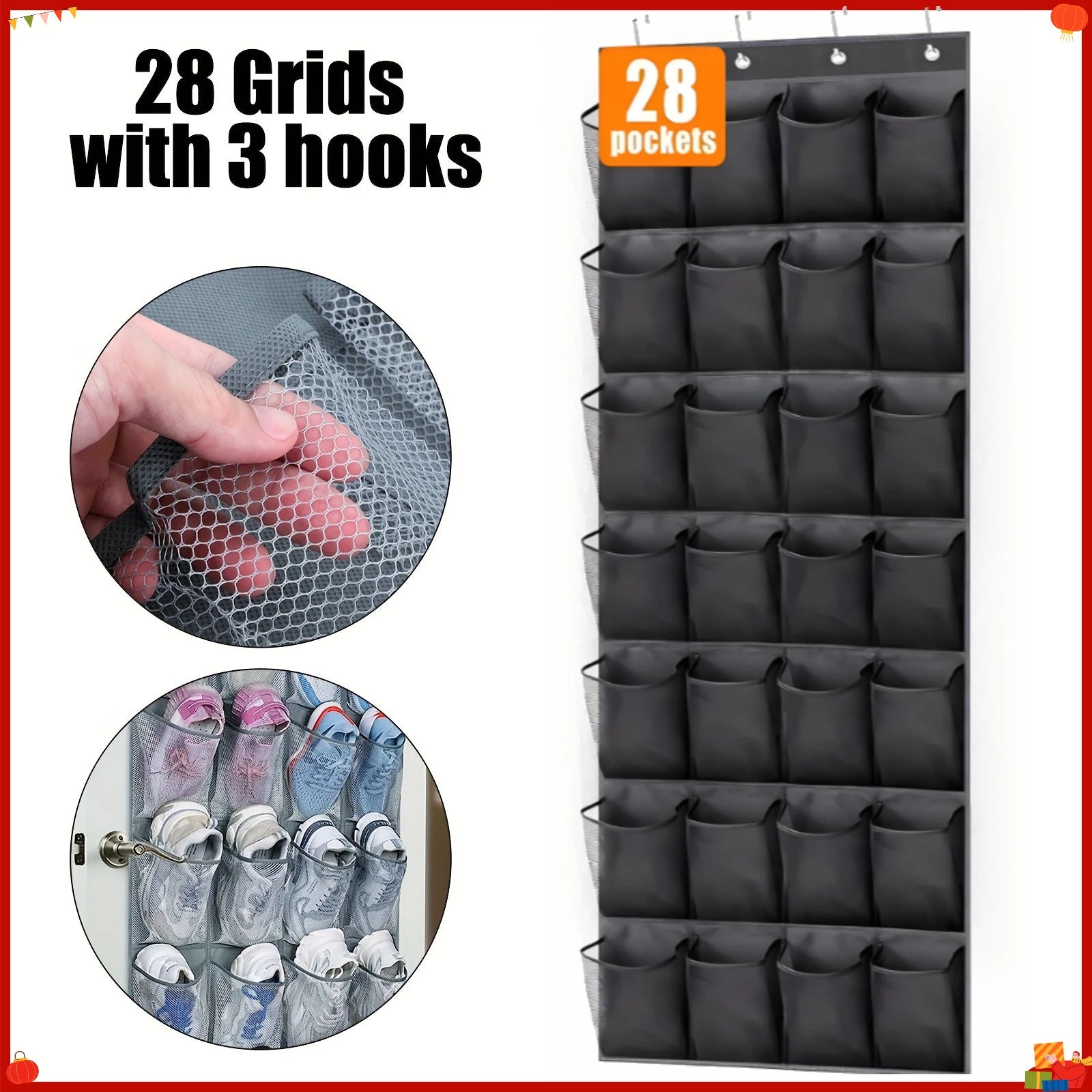 28 Pockets Over The Door Rack Large Mesh Pockets Hanging Shoe Organizer for Closet Hanging Shoe Rack Holder Hanger Storage Bag Oasis Select