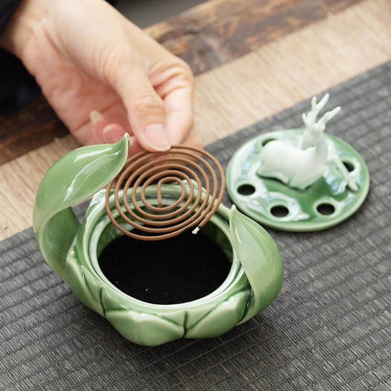 Lotus and Deer Incense Burner Elegant Zen Style Holder for Home Fragrance and Meditation Decor Creative Ceramics Handicraft Oasis Select