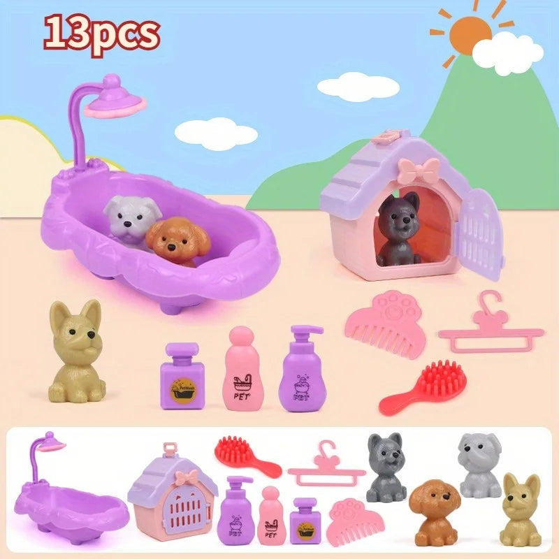 1 Set Cute Dog Pet Basket Toy,Dog Doll & Cage Accessories Scene Play,Family Christmas Thanksgiving Gift (Random Color) Miniature Oasis Select 13pcs