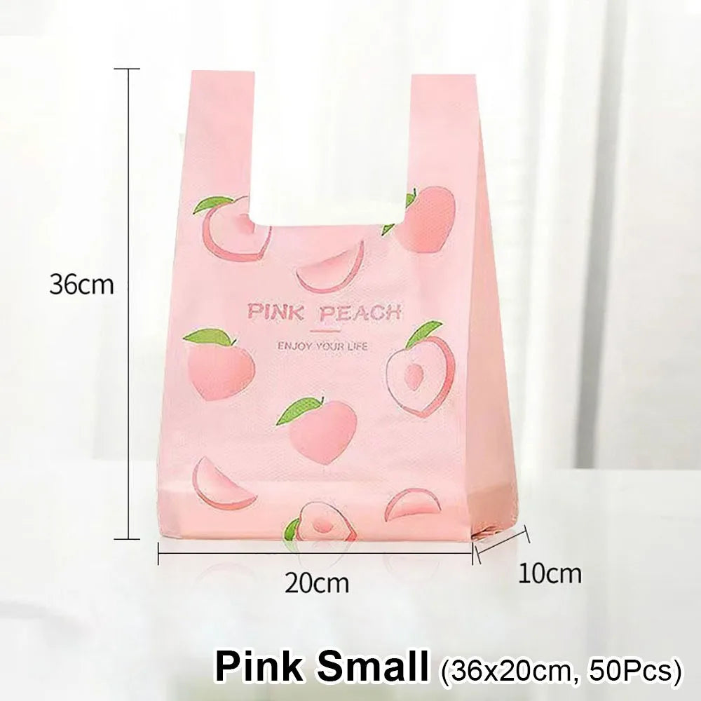 50Pcs Cute Fruit Plastic Bag Vest Bag Carry Out Bags With Handle Supermarket Shopping Takeaway Packaging Bag Home Storage Bag Oasis Select 50Pcs Pink S