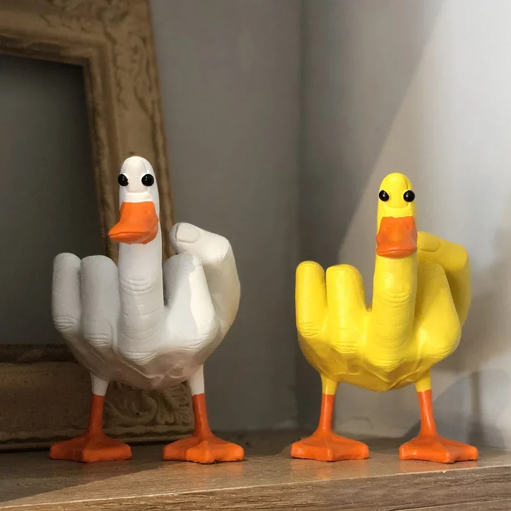 Middle Finger Cute Duck Figurine Funny Small Duck Sculpture Resin Craft for Home Garden Desk Decoration Oasis Select