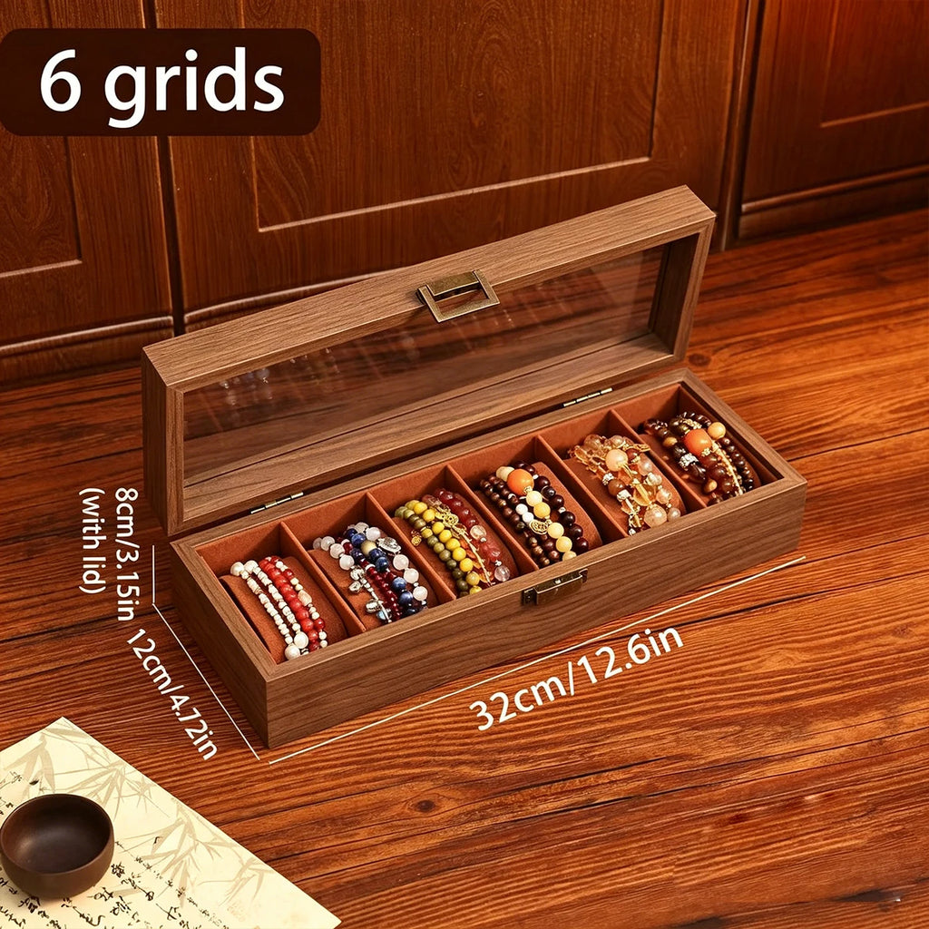 1pc wooden bracelet multi slot jewelry storage box velvet lined bead bracelet display cabinet suitable for family collection Oasis Select Brown-6grids