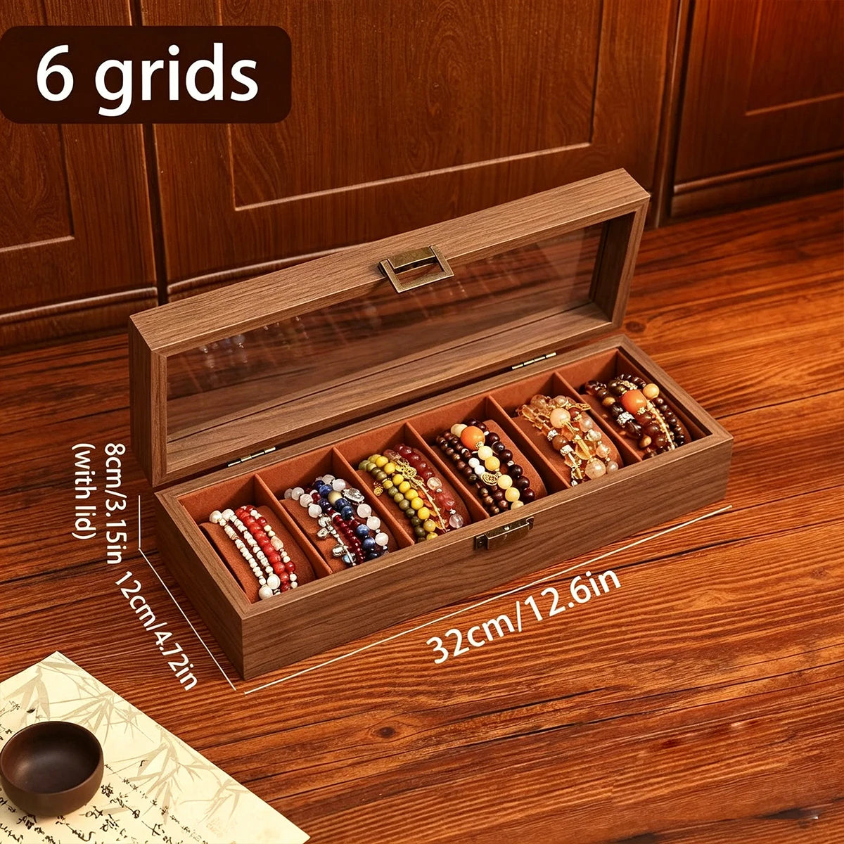 1pc wooden bracelet multi slot jewelry storage box velvet lined bead bracelet display cabinet suitable for family collection Oasis Select Brown-6grids