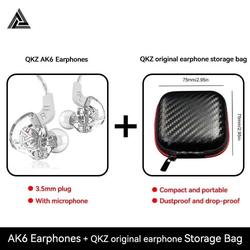 Original QKZ AK6 Copper Driver HiFi Wired Earphone 3.5MM Race Sport Headphone Bass Stereo Headset Music Earbuds In Ear With Mic Oasis Select White With Bag