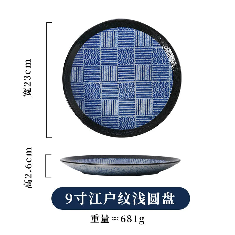 Japanese Blue And White Wave Pattern Tableware Ceramic Dinner Plate Household Flat Plate Sushi Plate Breakfast Plate Oasis Select 9in A