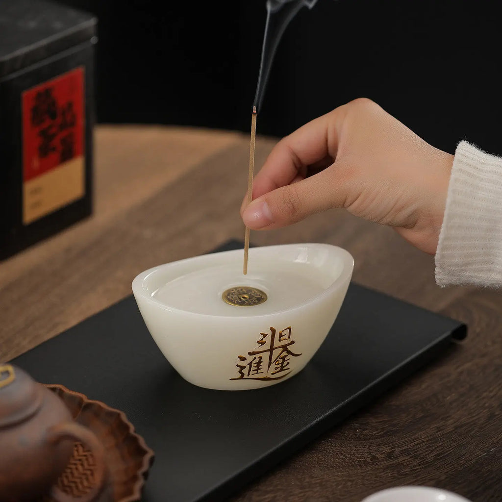 Jade Ceramic Yuanbao Incense Burner Attract Wealth, Stick & Coil Incense Holder for Tea Room Home Desktop Decoration Oasis Select