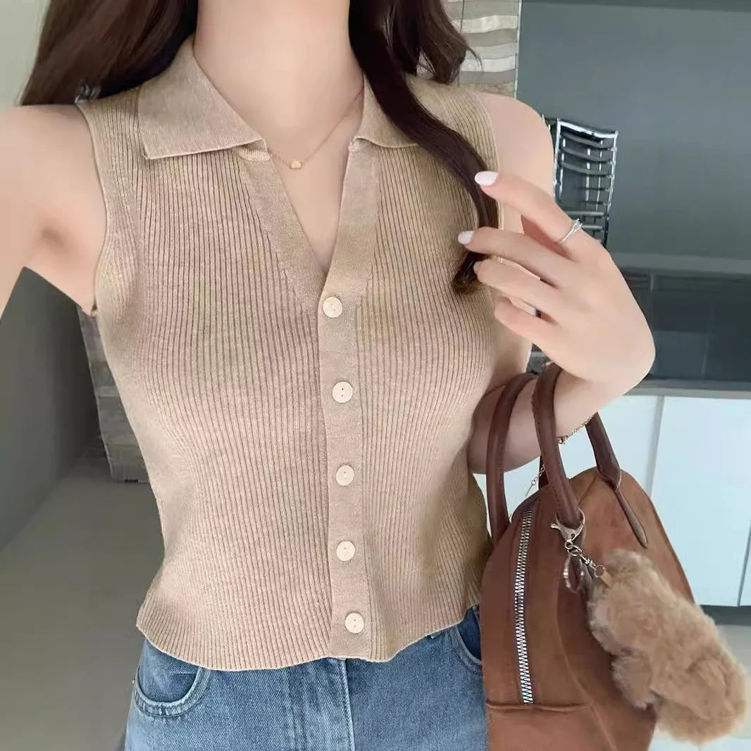 Lapel Ice Silk Slim Fit Vest for Women Summer Early Fall Thin Knit Tank Top Sleeveless Short Sleeve Casual Layering Outwear Oasis Select