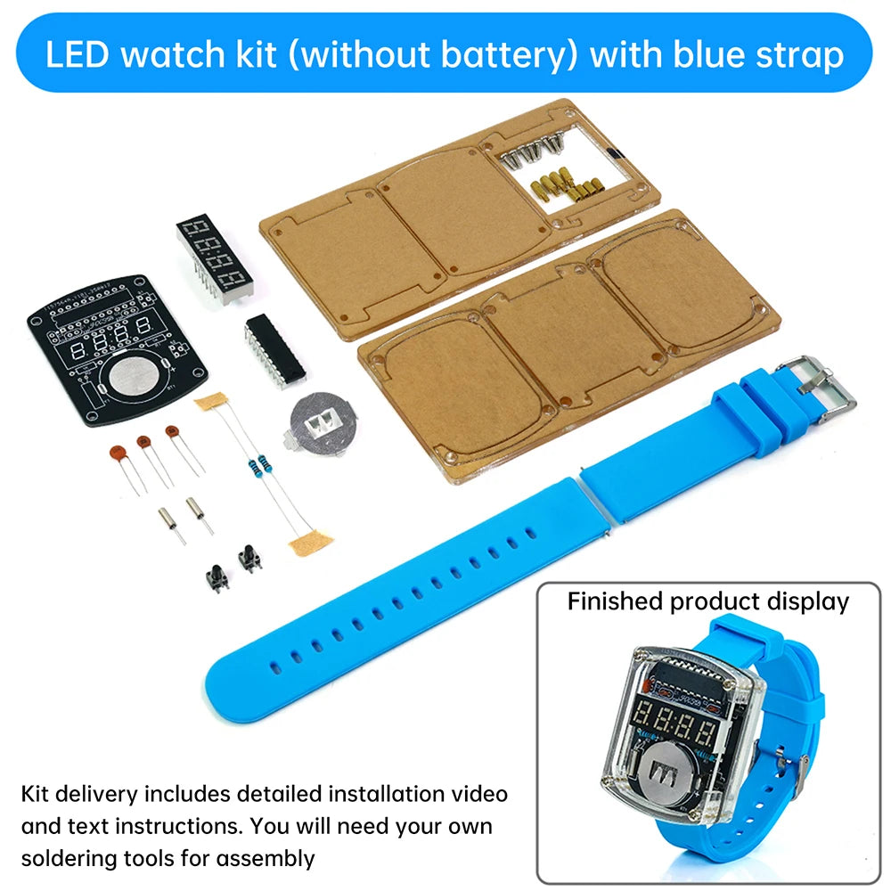 LED DIY Electronic Watch Kit Digital Tube Clock Accessories Soldering Assembly Electronic Silicone Watch Oasis Select Blue 1