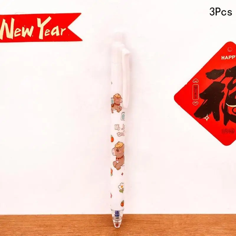 3Pcs Cute Cartoon New Year's Pony Erasable Pen Press Magic Brush Gel Pen Student Stationery Supplies New Year Stationery Gifts Oasis Select A2