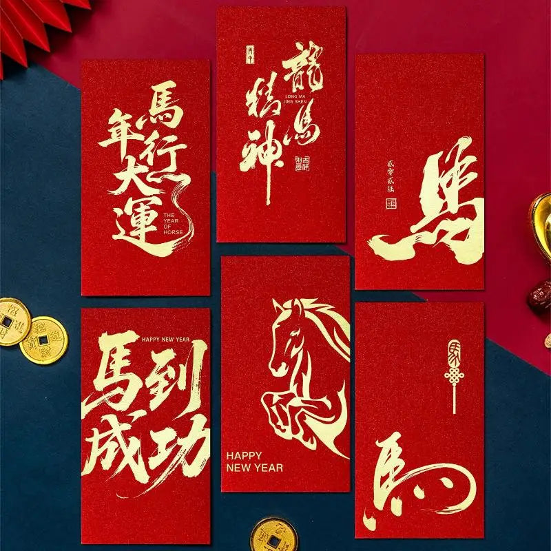 6pcs Pack 2026 Year Of The Horse Chinese New Year Lucky Money Envelopes, Cartoon Red Packet For Spring Festival Oasis Select B1