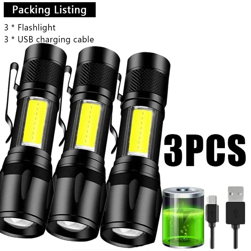 USB Mini Rechargeable Flashlight COB+XPE LED Zoomable Torch Built-in Battery 3 Lighting Modes Outdoor Camping Emergency Lantern Oasis Select S014-3PCS