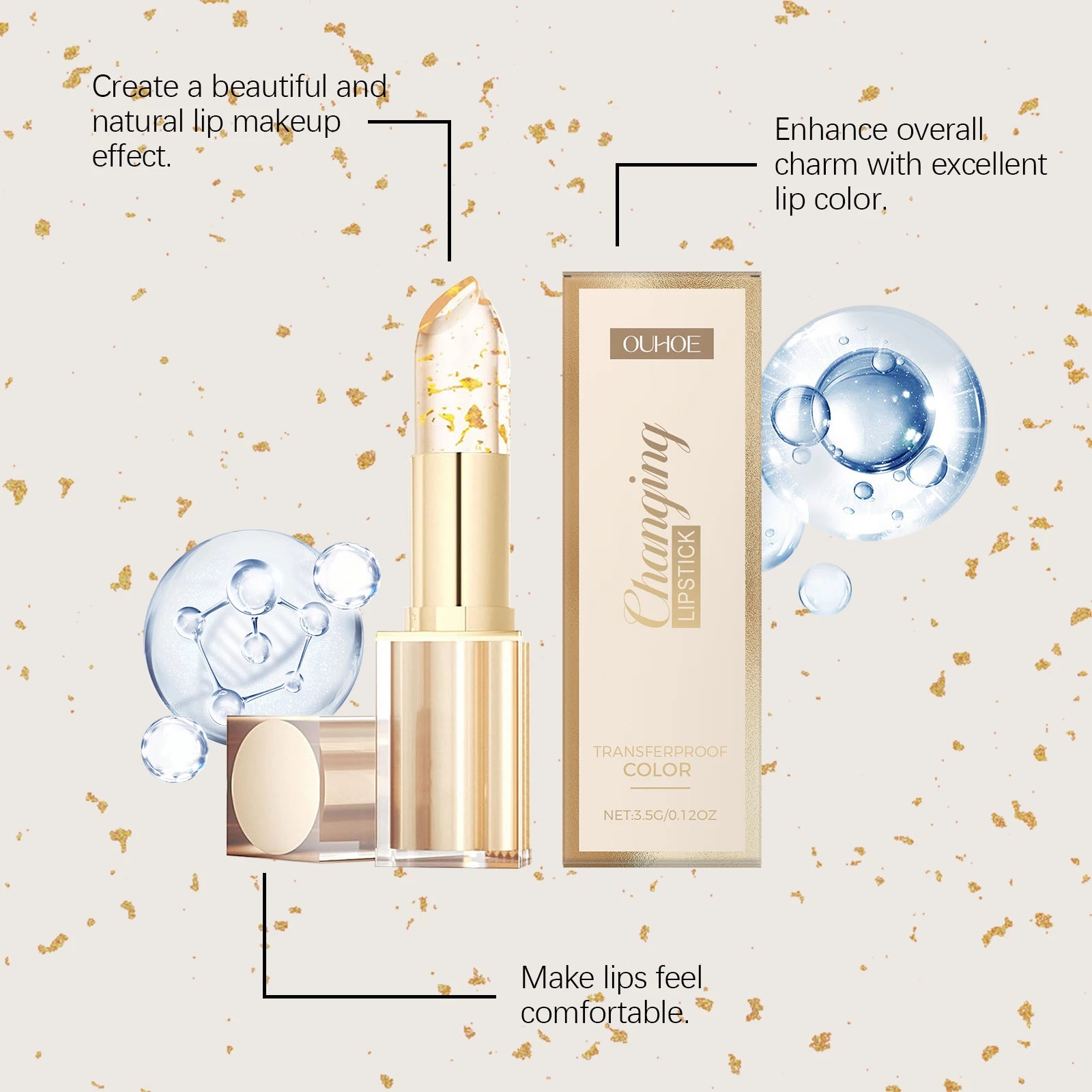Gold foil color-changing nourishing lipstick Nourishes and moisturizes, gives lips a glossy, glass-like softness, non-greasy lip Oasis Select