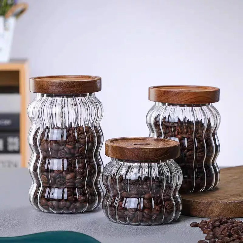 Wood Lid Striped Glass Airtight Canister Kitchen Storage Bottles Jars Food Container Coffee Beans Grains Candy Jar Containers Oasis Select