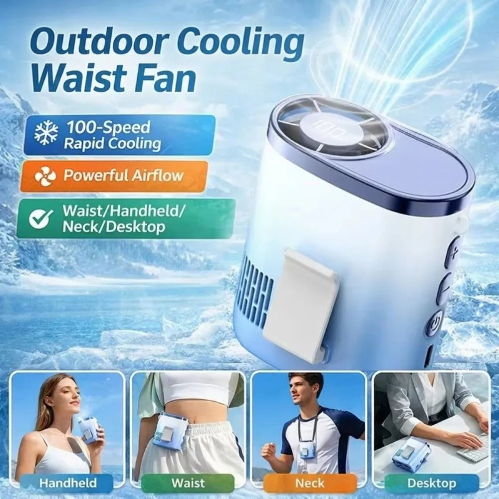 Portable Waist Clip Fan USB Rechargeable Strong Airflow Hanging Neck Fan LED Display Compact Design Cooling Fan Climbing Oasis Select