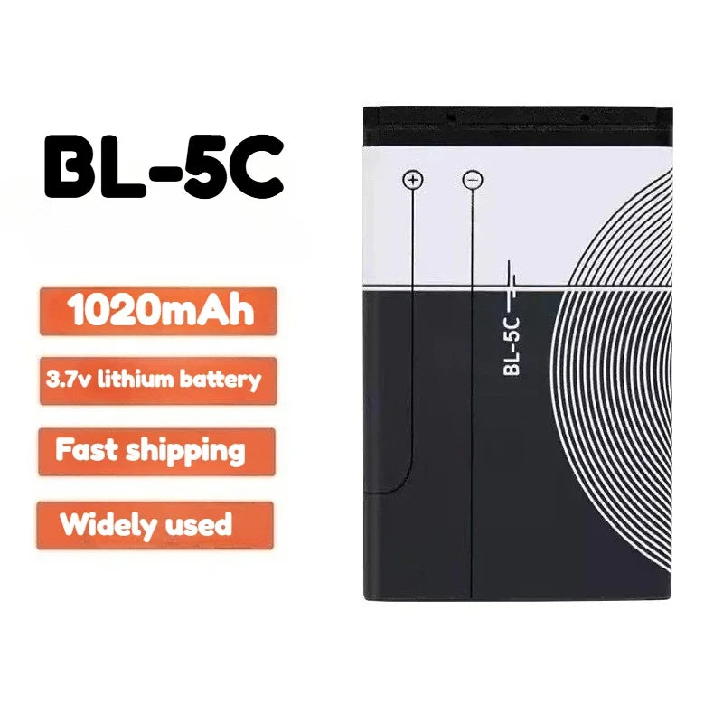 3.7V 1020mAh Lithium Battery BL-5C BL5C BL 5C Rechargeable Batteries for Nokia 2112 2118 2255 2270 2280 2300 2600 2610 3125 3230 Oasis Select