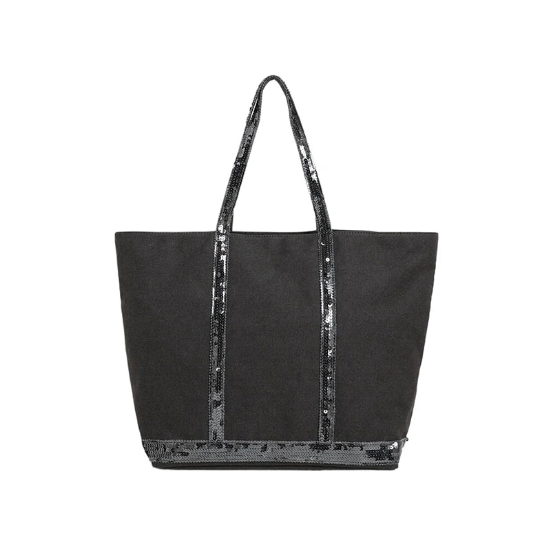 Vintage Canvas Sequin Tote Bag – Large Shoulder Bag for Women