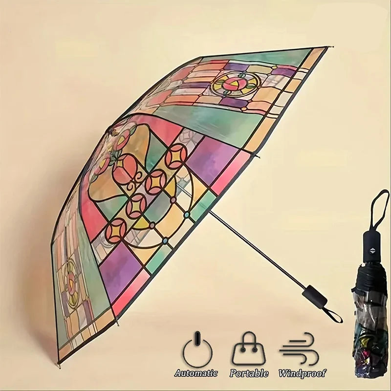 Church Retro Transparent Large Umbrella Stained Glass Transparent Umbrella Automatic Romantic Sunny Dual Use Of Rain And Light Oasis Select