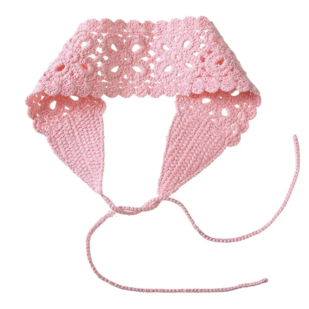 Boho Floral Headband Handmade Solid Color Knit Hair Band Hollow Out Crochet Hair Scarf Oasis Select Pink