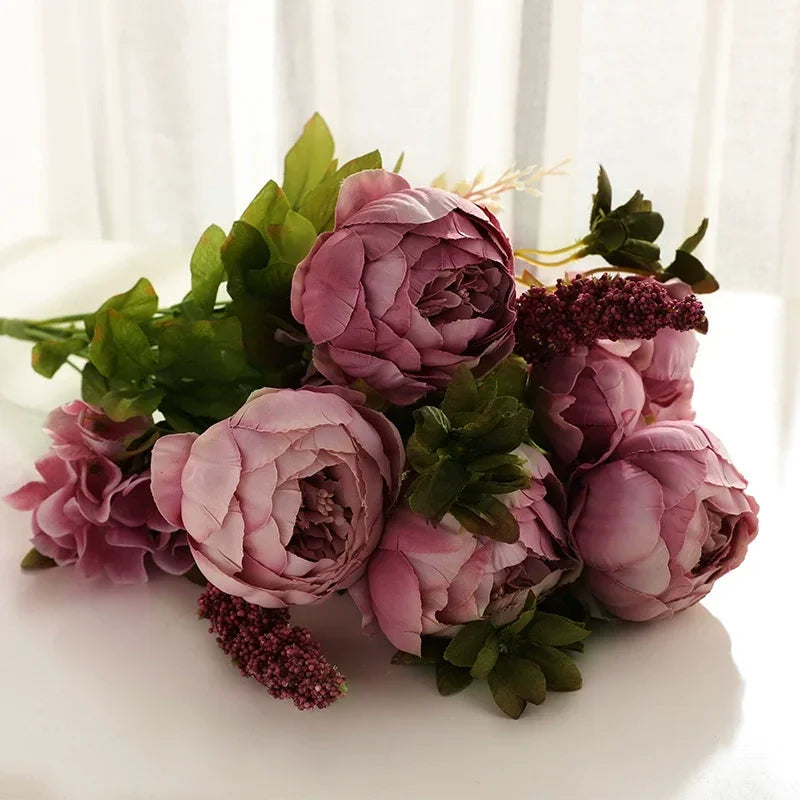 13 Heads Silk European Style Peony Bouquet Artificial Flower Rose Wedding Bride Bouquet Decor For Home Hotel Table Accessories Oasis Select