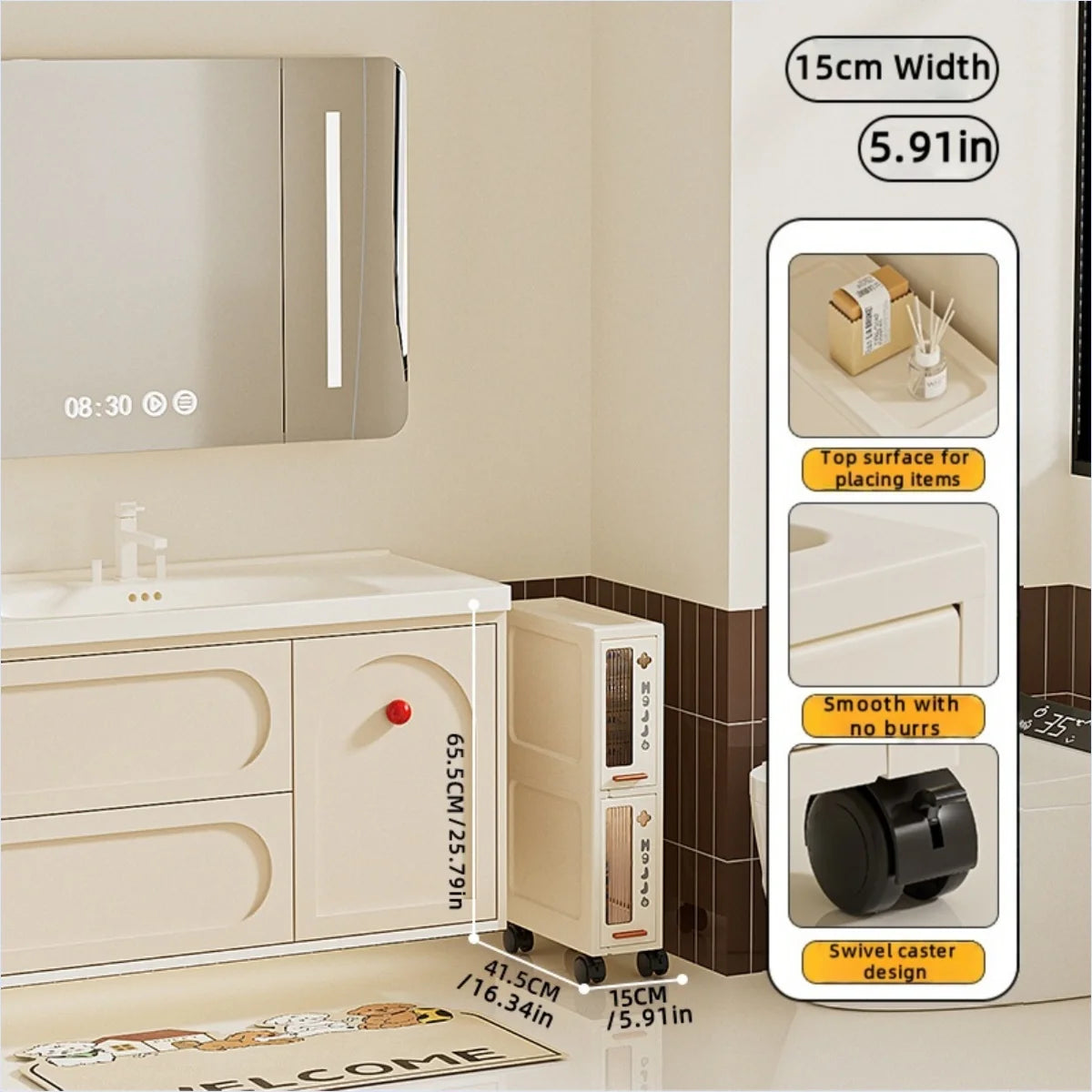 Slim Mobile Storage Cabinet, Space-Saving Narrow Drawer Organizer, Minimalist Multi-Purpose Design for Kitchen/Bathroom/Living Oasis Select 15cm 2 Tiers