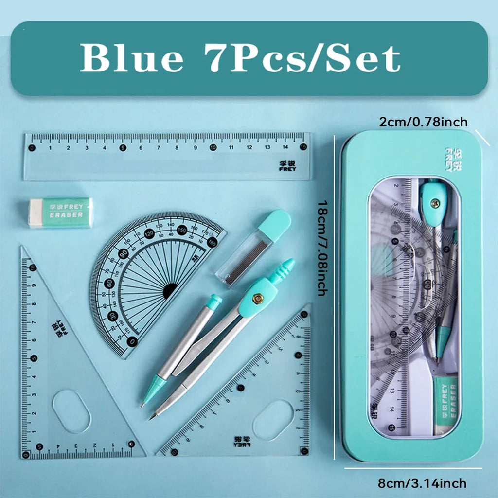 7pcs Student Geometry Tool Set Pastel Color Compass Protractor Ruler Kit with Case for School Drawing & Math Homework Oasis Select blue