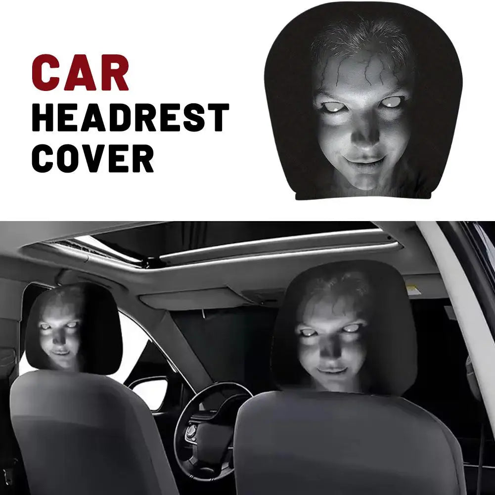 2Pcs Halloween Horror Face Printed Car Headrest Covers Soft Polyester Washable Universal Elastic Dustproof Protective Cushion Oasis Select