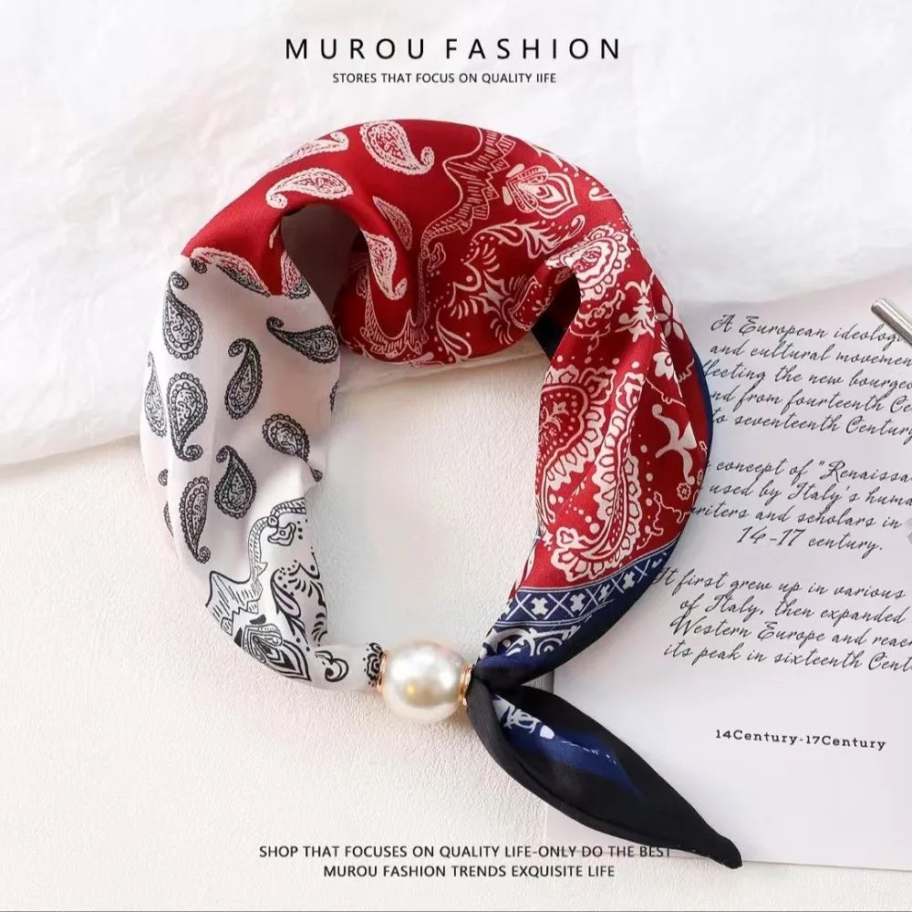 Elegant Breathable Silk Scarf Pearl Buckle Printed Magnetic Snap Scarf Lightweight Thin Faux Pearl Scarf for Women Accessories Oasis Select 05