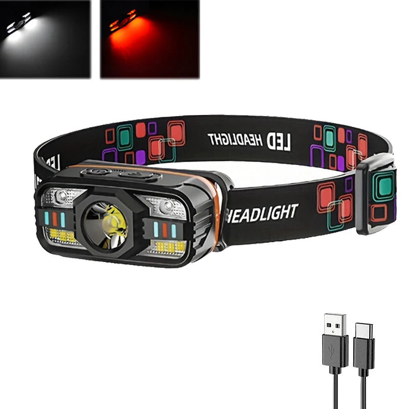 6 Modes LED Headlight Handfress Motion Sensor Powerful Headlamp Head Lamp COB Flashlight Torch Head Light For Camping, Fishing Oasis Select 1PC