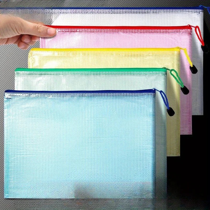 5pcs Thickened A4 file bag with zipper, PVC transparent mesh, large capacity student stationery, office supplies, data file bag Oasis Select