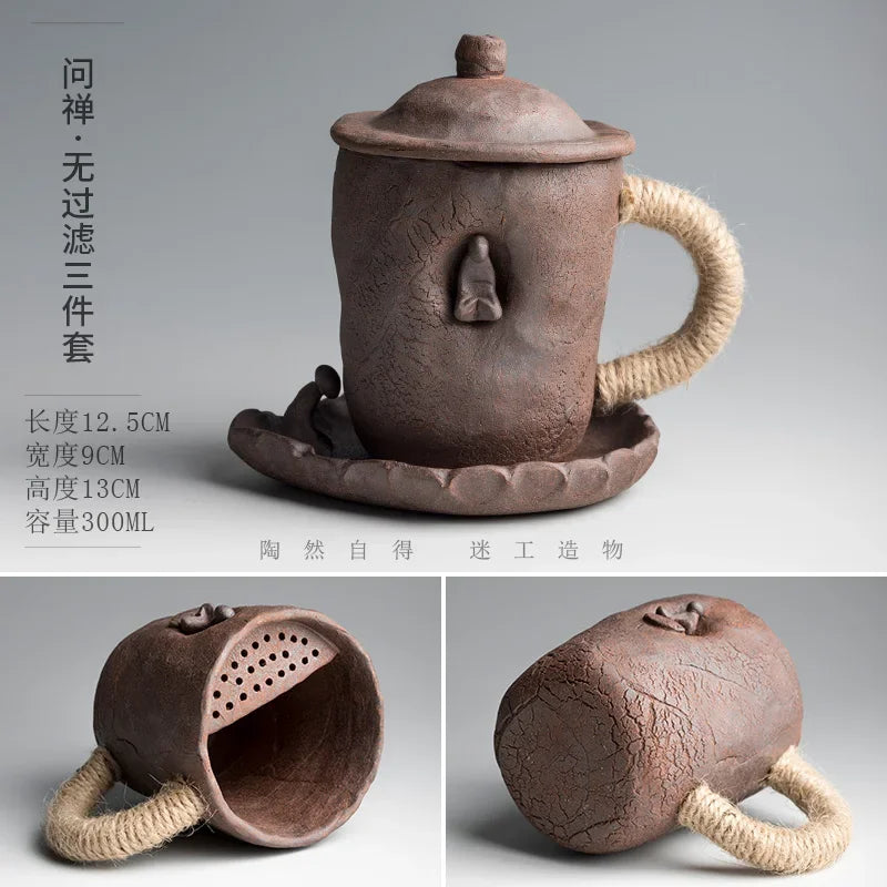 Handmade thick ceramic mug with lid spoon creative tie rope ceramic large capacity Japanese coffee cup cups Oasis Select 5 301-400ml