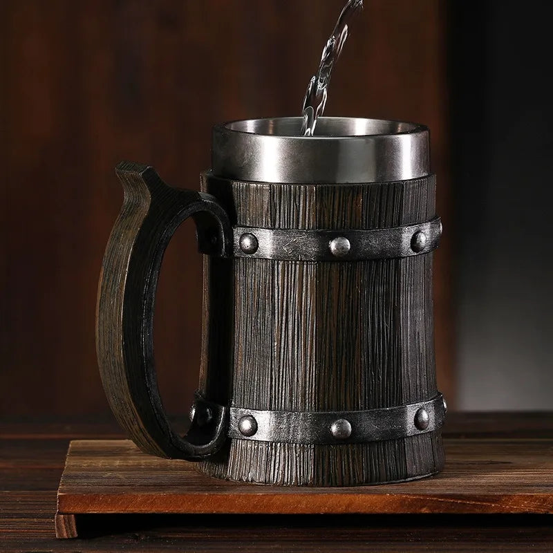 Wooden Barrel Beer Cup Stainless Steel Coffee Mug Viking Style Vintage Beer Mug Double Wall Drinking Cup Halloween Bar Drinkware Oasis Select