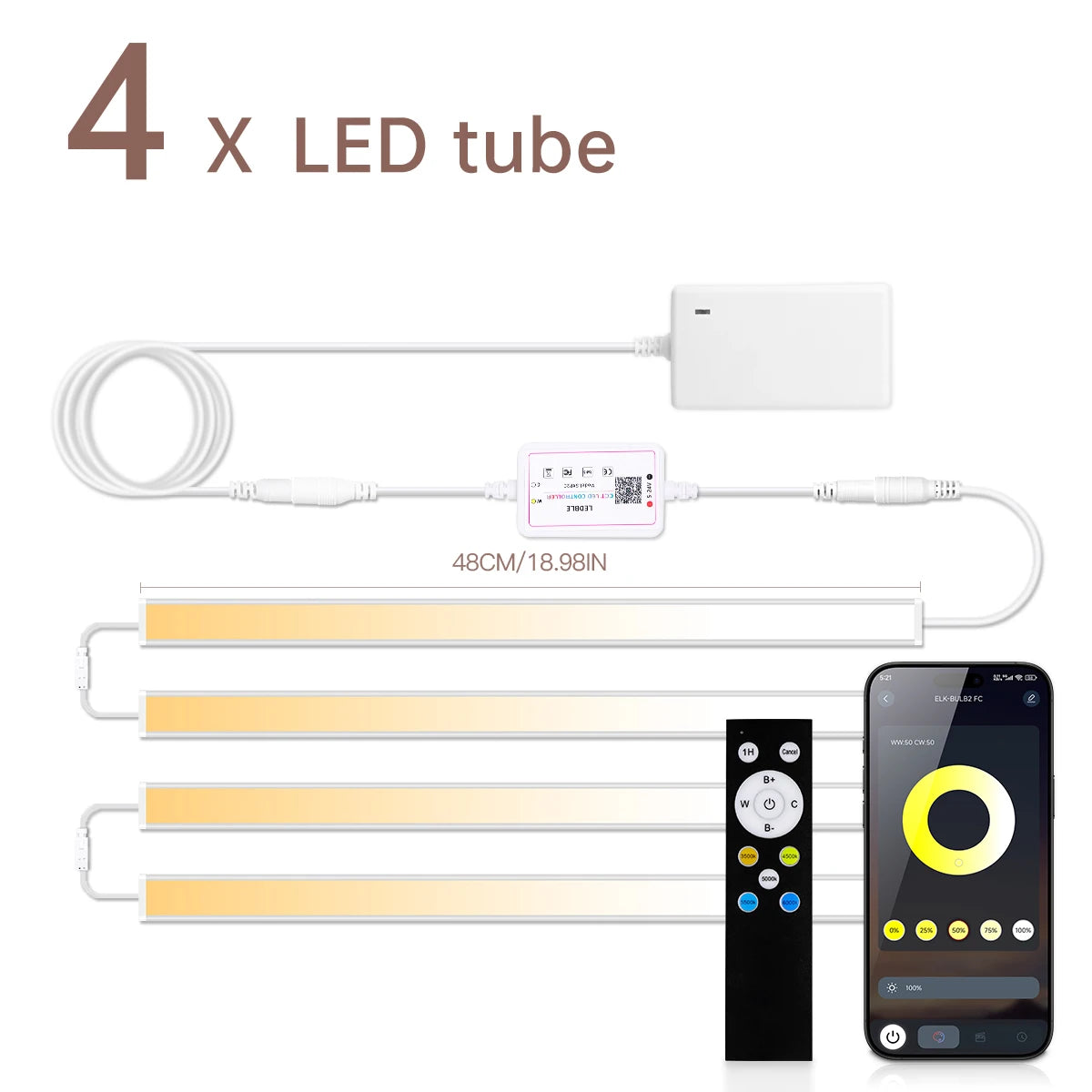 1-10pc Dimmable CCT LED Light Bar Cabinet Lighting 48CM 2700K-6500K Aluminium Tube Bluetooth APP Control Above the Stove Sink Oasis Select European Power Plug 4Pcs LED Bar