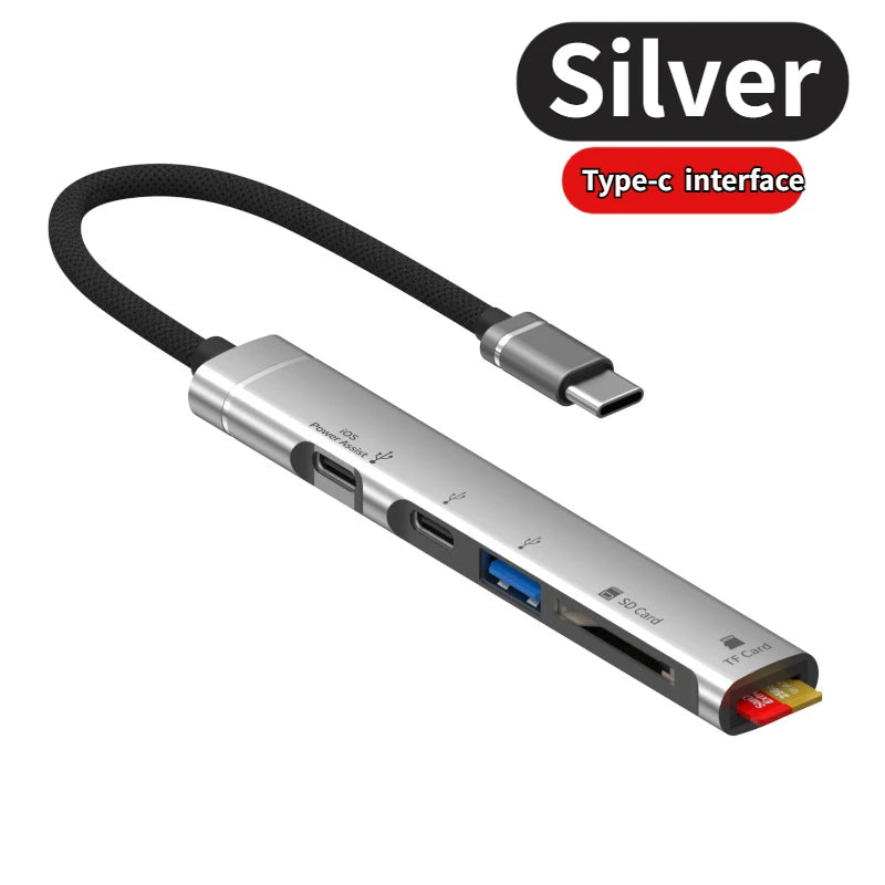 5-in-1 Multi Adapter USB +Type C HUB Docking Station with SD/TF Memory Card Reader 5Gbps Transmission Type C Hub For Laptop Oasis Select Type-C Silver