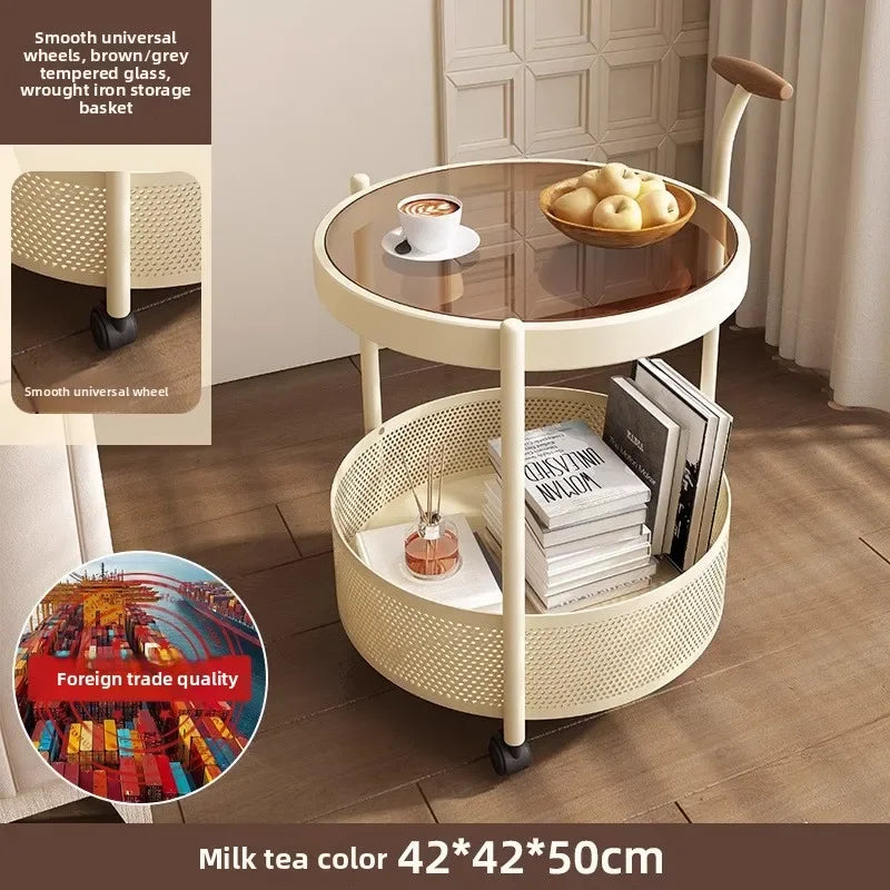 Multi-functional French light luxury movable glass trolley side table living room sofa small coffee table bedroom bedside table Oasis Select SJ-Cream White-CHA
