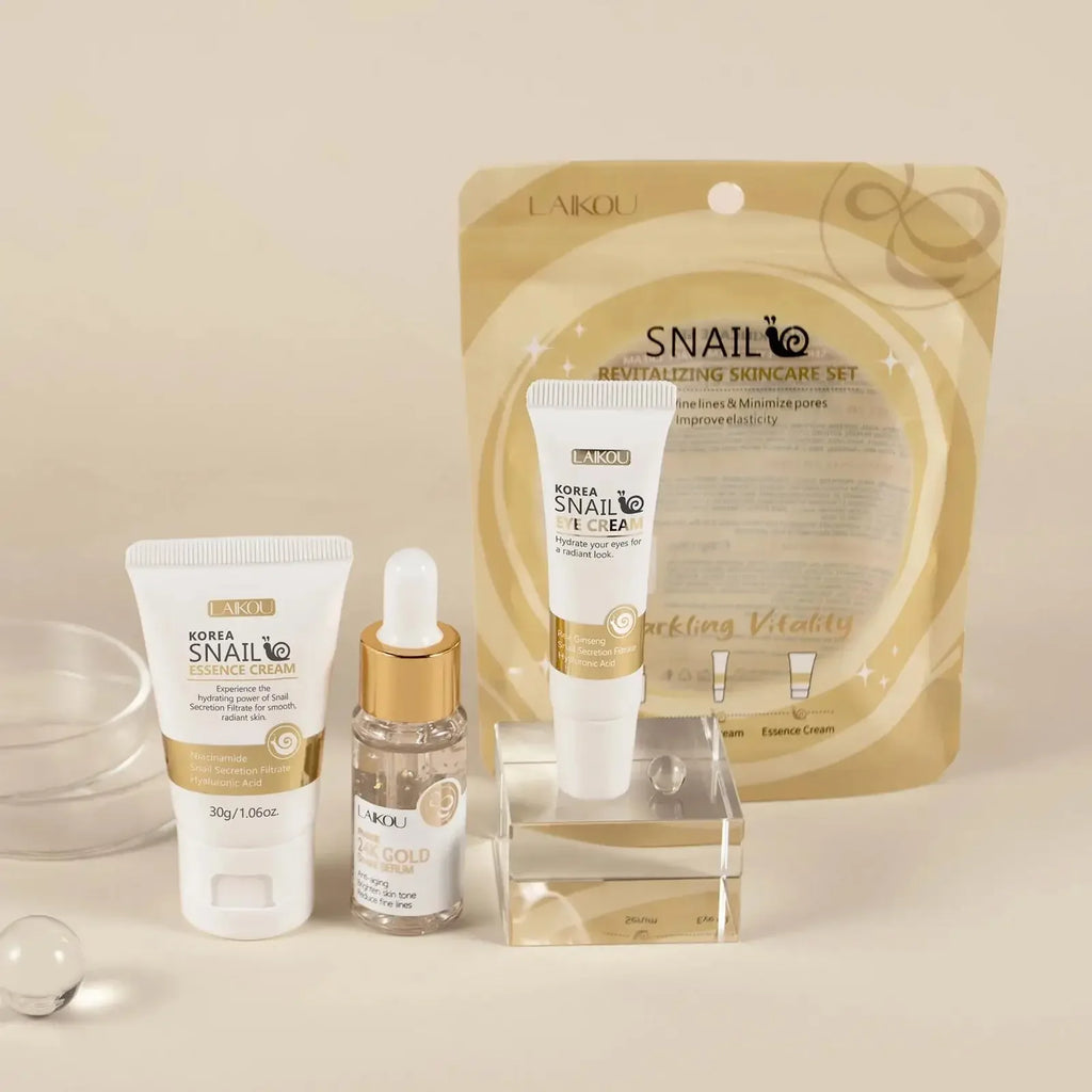 24K Gold Snail Repair Serum Eye Cream Essence Set Moisturizes Smooths Fine Lines Minimizes Pores Luxury Skincare Oasis Select