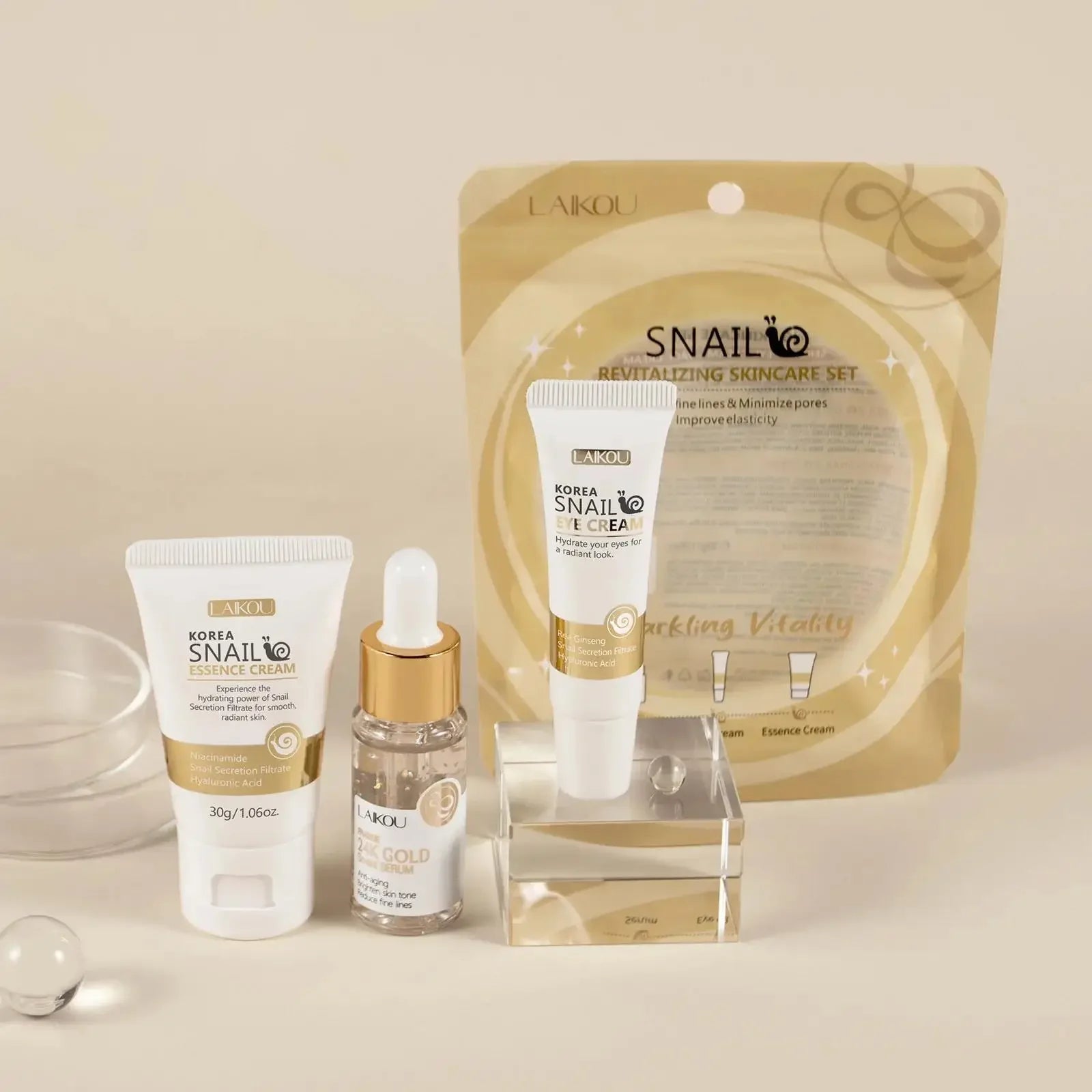 24K Gold Snail Repair Serum Eye Cream Essence Set Moisturizes Smooths Fine Lines Minimizes Pores Luxury Skincare Oasis Select